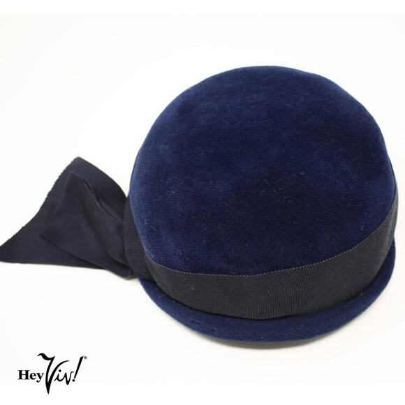 Vintage 1950s Navy Blue Felt Velour Hat w Wide Grosgrain Ribbon Bow - Hey Viv - Picture 5 of 8